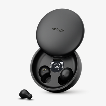 VISOUND by VionB wireless earbuds and their open black charging case featuring a digital 100% battery display and L R indicators, with one earbud nestled inside and another resting on a white background
